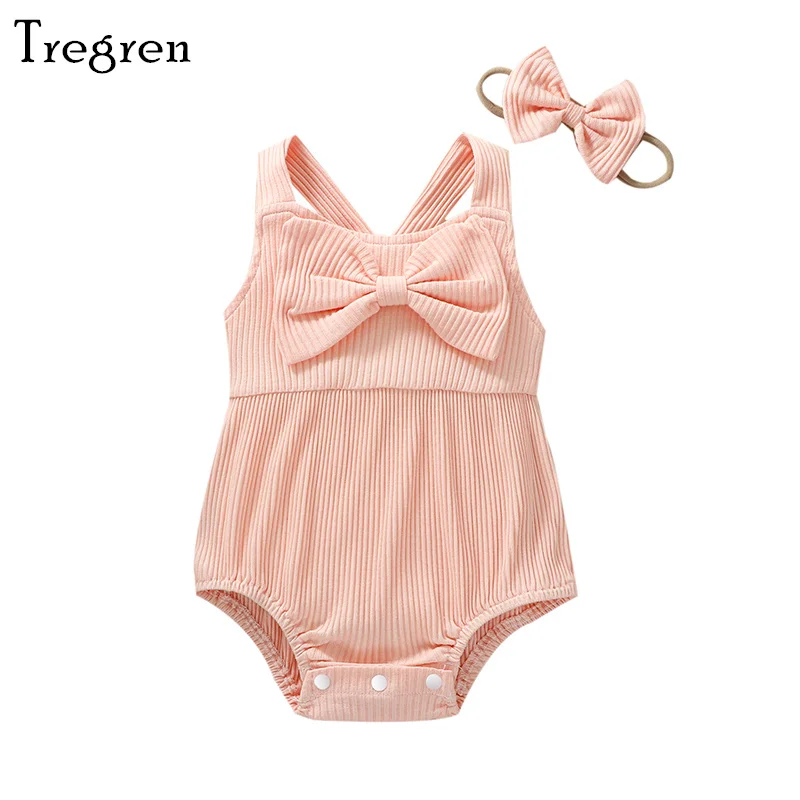 

Tregren 0-24M Newborn Infant Baby Girl Jumpsuit Set Summer Ribbed Sleeveless Cute Bow Suspender Rompers + Stretch Headband