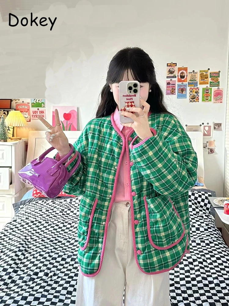 

Vintage Green Plaid Quilted Coat For Women Thick Warm O-neck Long Sleeve Casual Cotton Jacket Autumn Winter Loose Parkas Outwear