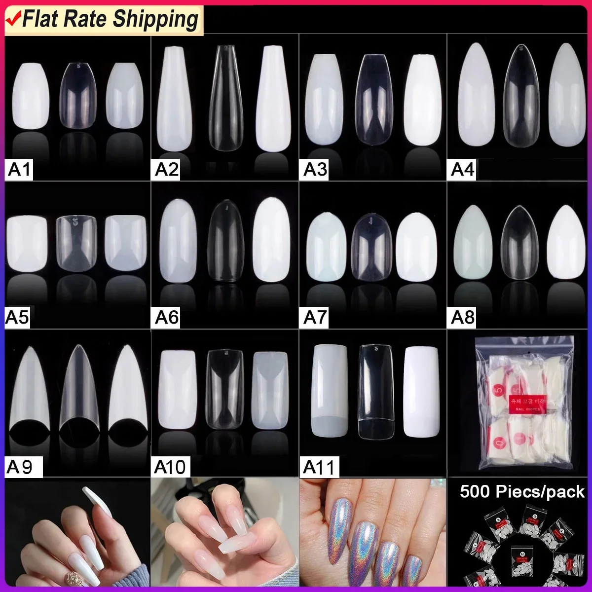 Short Nails Full Cover Fake Nail Tips Long Coffin Nail Half Cover False Nails Ballerina Tips 500pcs/pack
