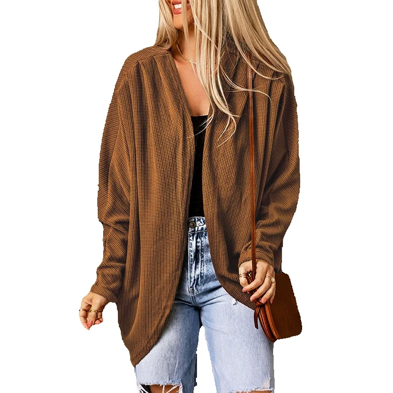 

Shi Ying Brown Waffle Knitted Cardigan Sweater Women's Mid Length Long Sleeve Coat 2541492