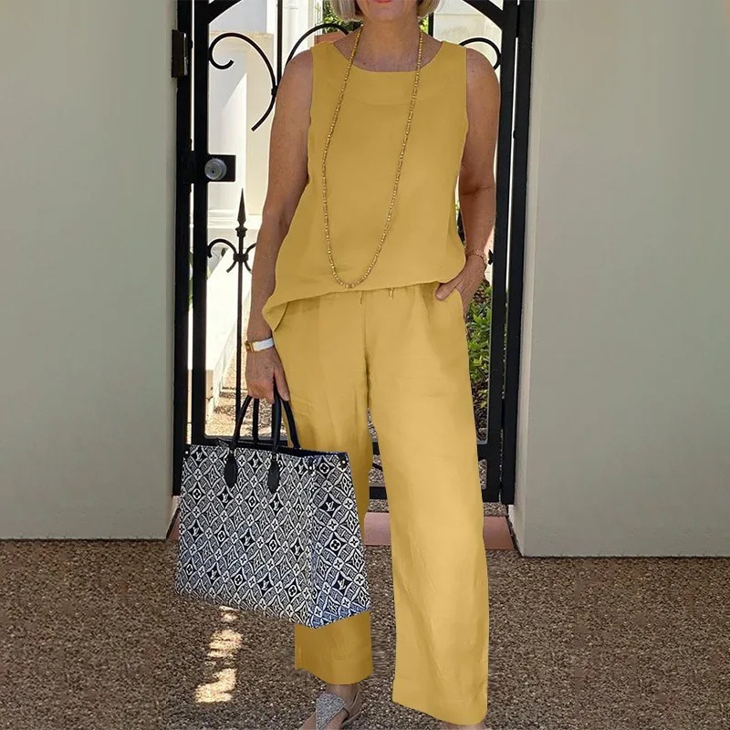 Cotton Matching Sets Women Casual Sleeveless Wide Leg Trouser Pant Sets Retro Solid Baggy Suits 2023 Summer Oversize 2PCS