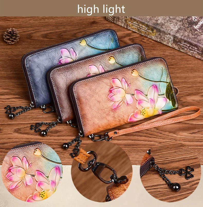 Blumen echte Kuh Leder Geldbörse weibliche Vintage Echt leder Frau Brieftasche lange chinesische Lotus Muster Clutch Tasche – Detail 3