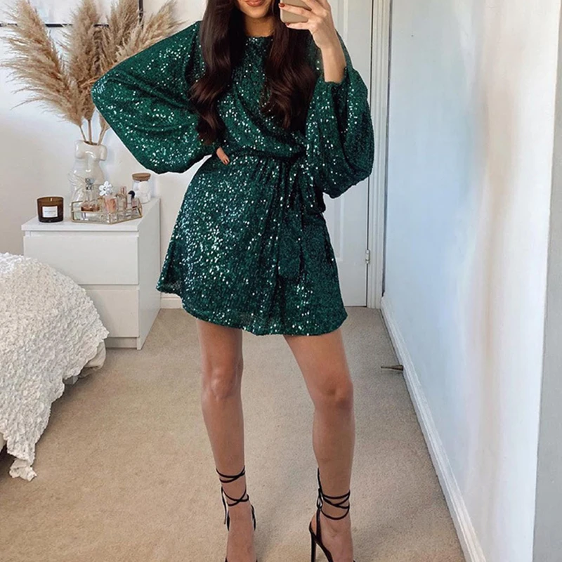 

Women Fashion Shiny Sequin Lace-up Mini Dress Lantern Long Sleeve Waist Club Party Dress 2024 Elegant O-neck Draped A-Line Dress