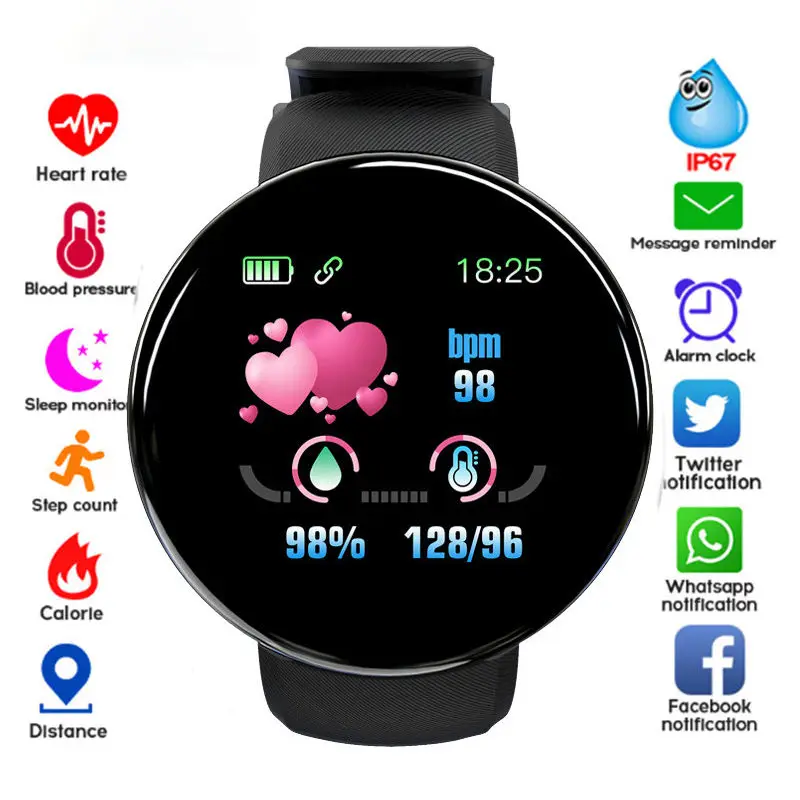 Nuovo Smart Watch Uomo Donna Braccialetto Intelligente Led D18 Smartwatch Impermeabile Smart Touch Screen Braccialetto Smartband 2022 Inteligente