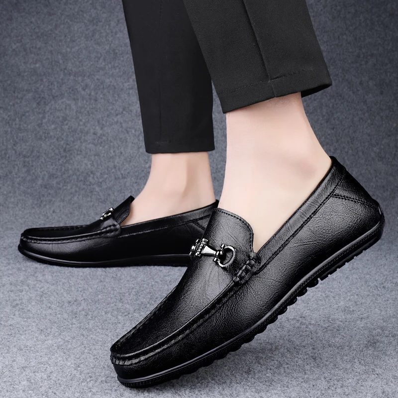 Genuine Leather Metal Buckle Loafers Men's Flat Driving Shoes Simple Business Leather Shoes Comfortable Soft Soled Walking Shoes 4