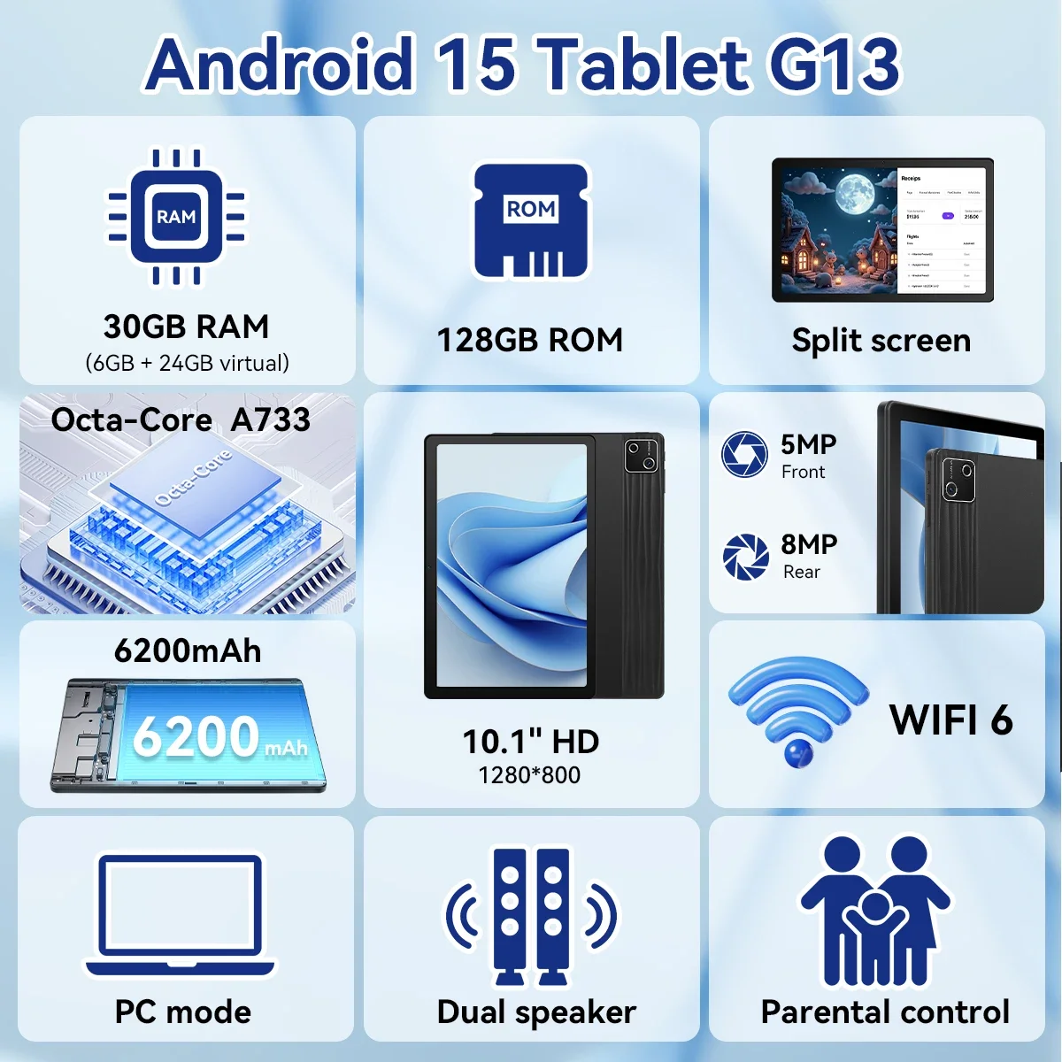 URAO 10 Inch Android 15 Tablet 30GB RAM 128GB ROM 1TB Expandable 6200mAh GMS Certified Widevine L1 Dual Camera WiFi 6 PC PAD Set 2