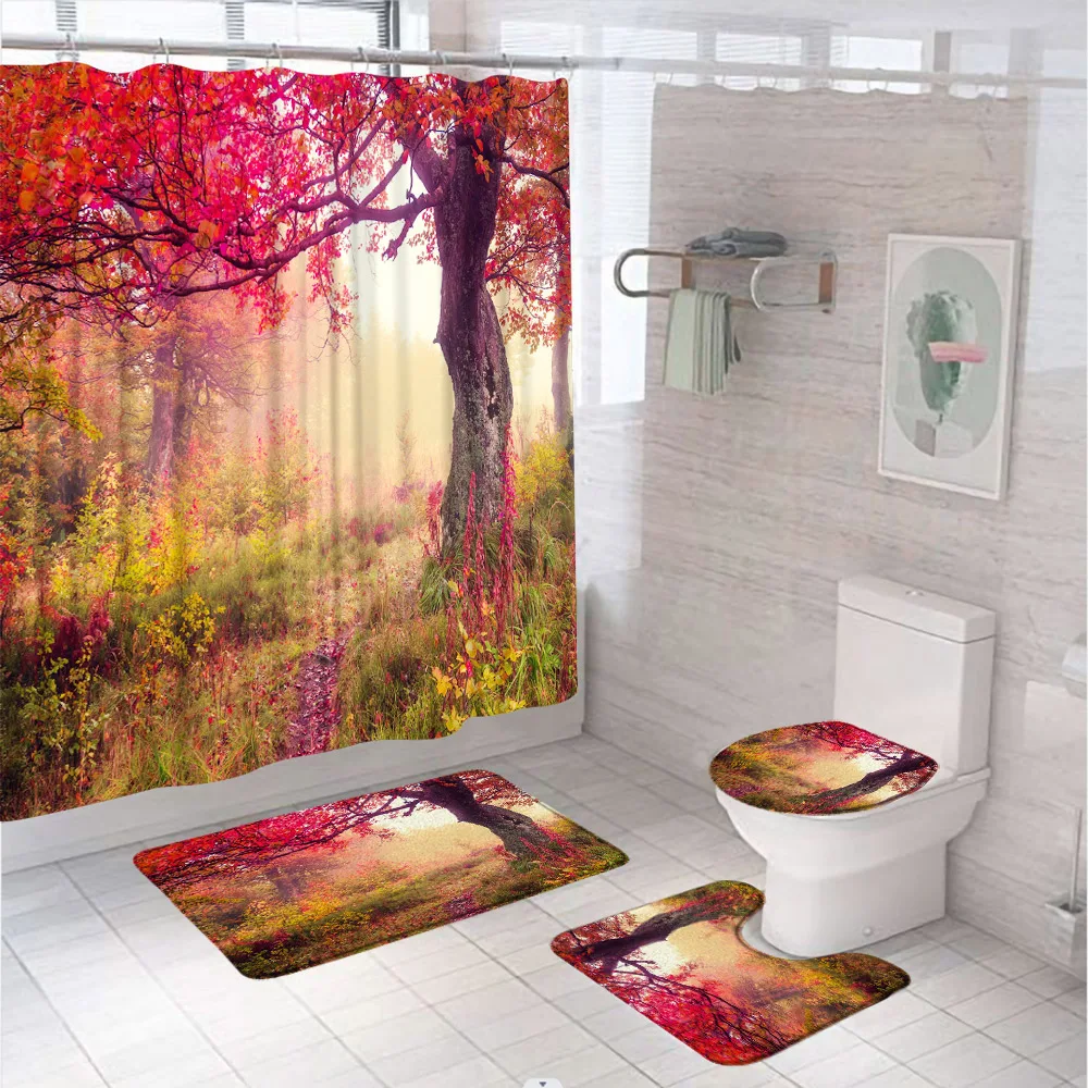 

Fall Maple Tree Shower Curtain Set Autumn Forest Leaves Pathway Wilderness Woodland Bathroom Decor Toilet Lid Cover Bath Mat Rug