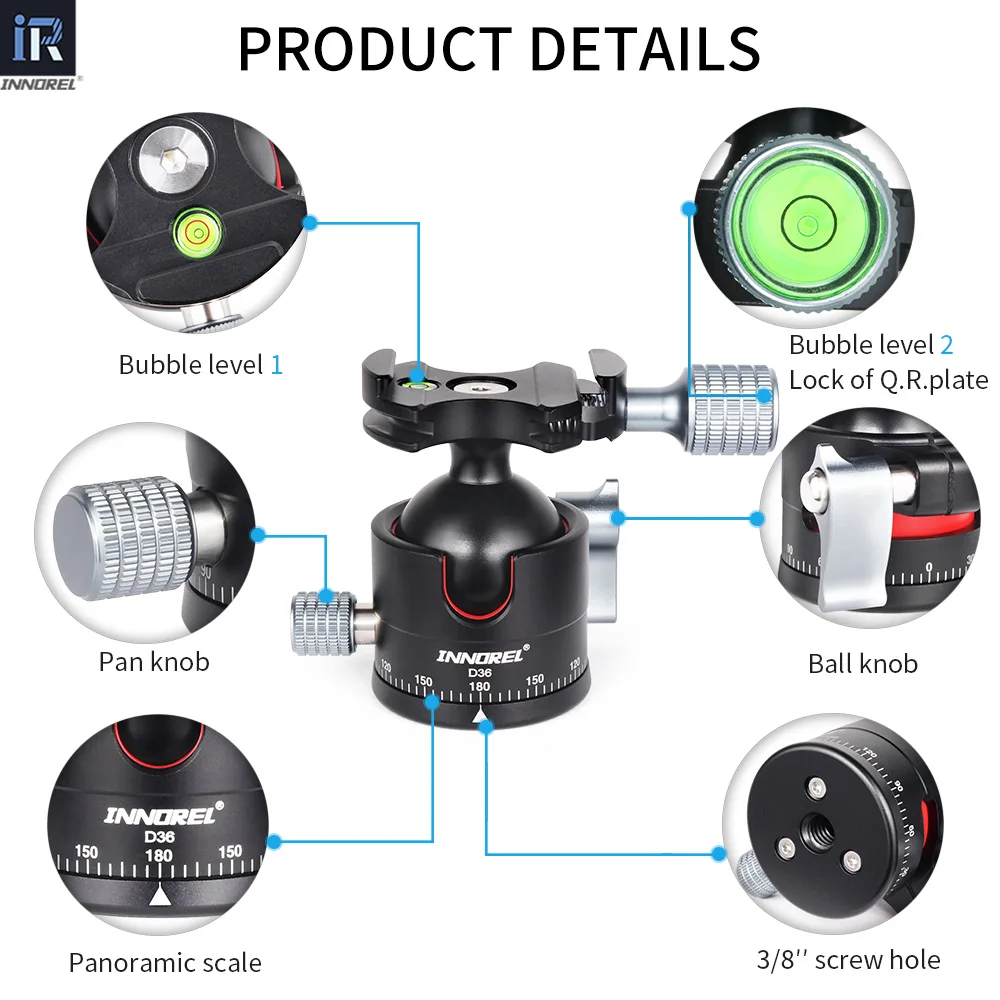 INNOREL D36 Low Profile Ball Head 360° Panoramic Camera Tripod Head Dia 36mm for Monopod,DSLR Cameras,Camcorder Load 16kg