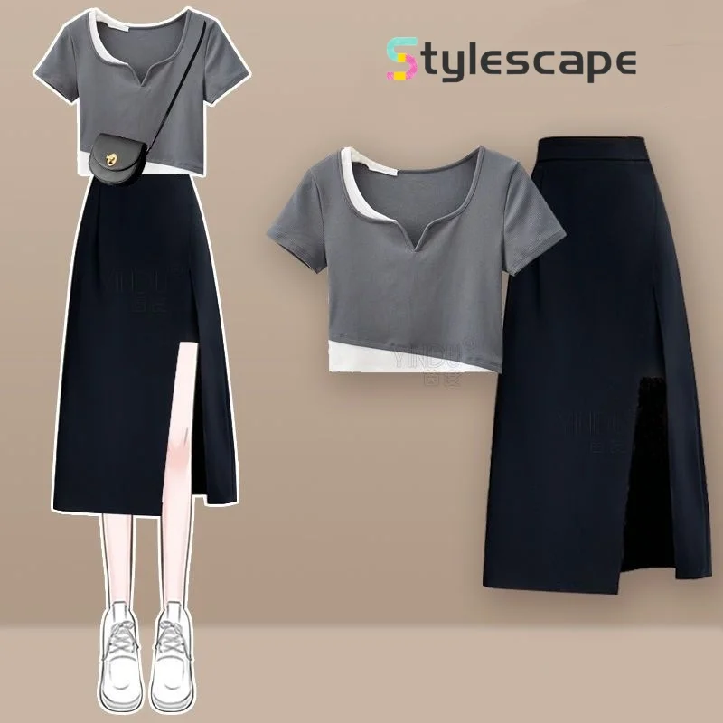 Summer New Short Sleeved Top Splicing Design Feels Slim and Tall, Black Split Half Skirt Women's Two Piece Set