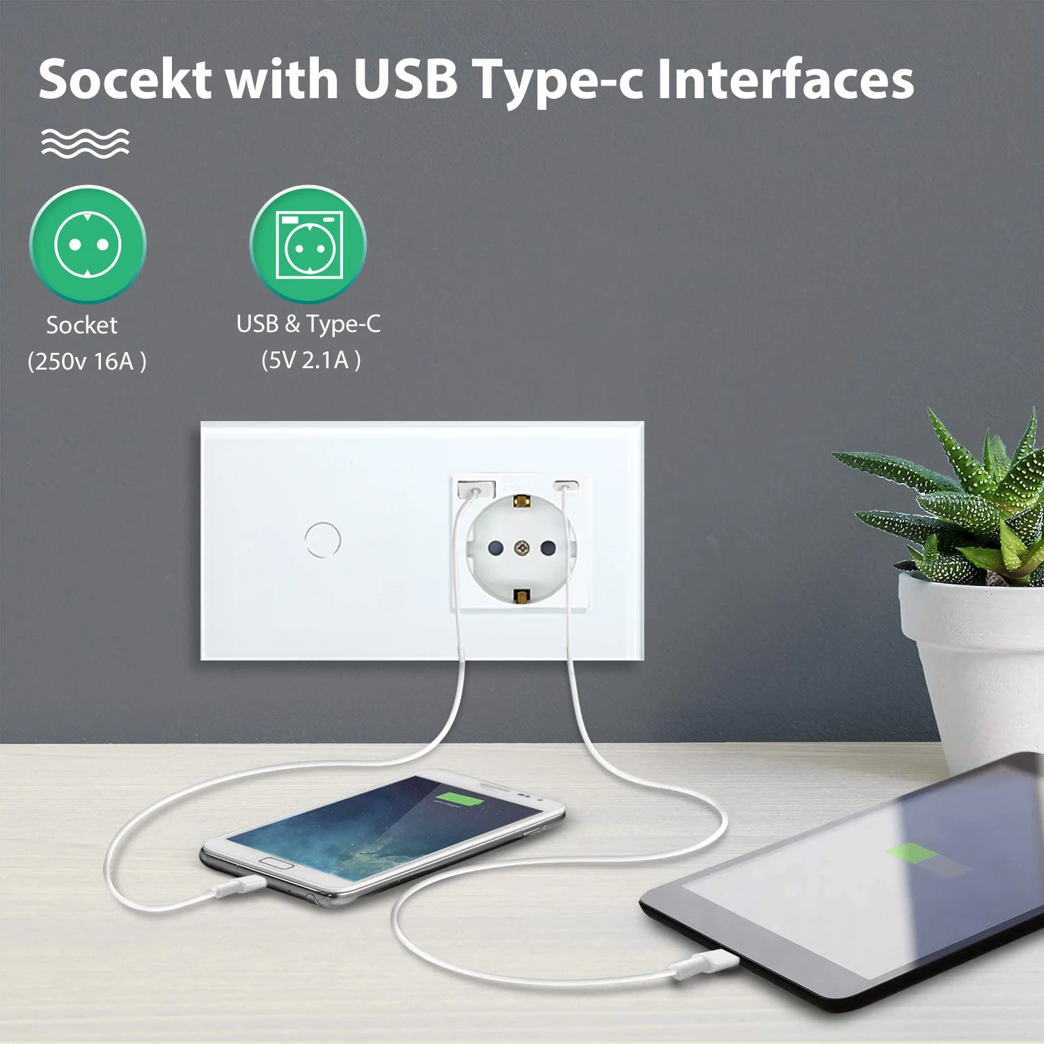 BSEED Interruptor con Enchufe USB,Schuko Enchufe con 1 Puerto Tipo C y 1  Puertos USB,1 Gang 1 Vía Interruptor de Luz con indicador LED,Blanco  enchufes de extensión para Smartphone,Tableta,auriculares : .es:  Bricolaje