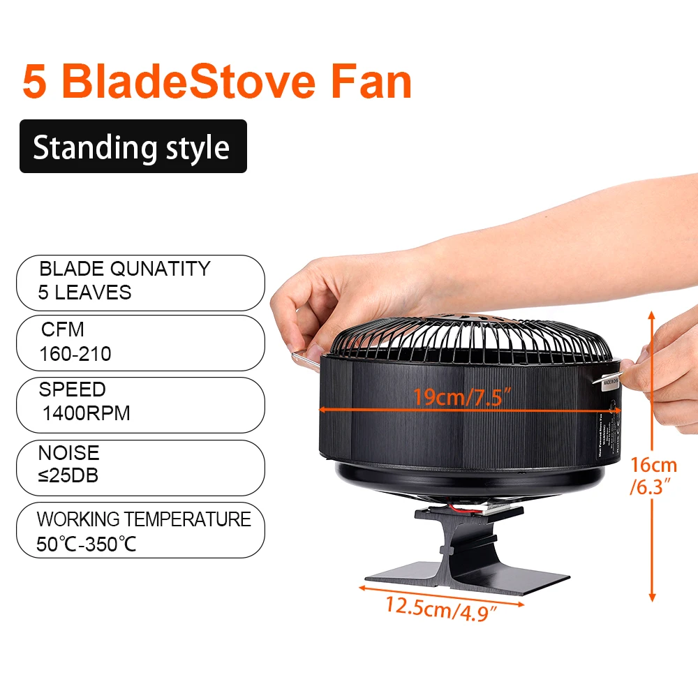 Stove Fan Heat Powered Round Log Wood Fireplace Fan Burner 5 Blades Quiet Free-standing Home Warmer Efficient Heat Distribution