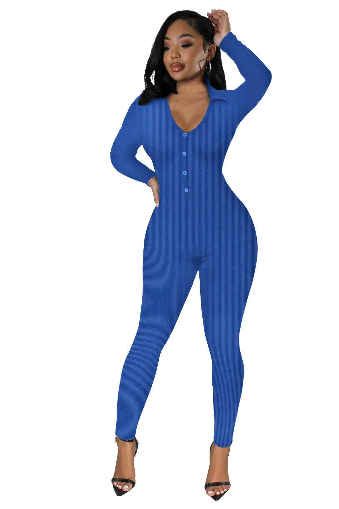 

Zoctuo Women Knitted Ribbed Long Sleeve Jumpsuit Fashion Button Front Romper 2023 Autumn New Blue Slim One Piece Jumpsuits