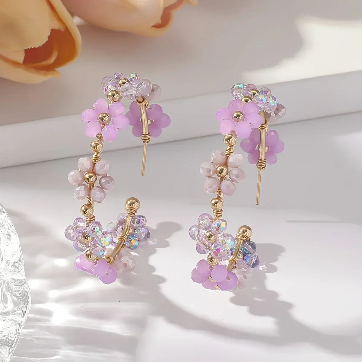 Boho Resort Style Handmade Artificial Crystal Beaded Wreath Earrings, Stylish Sunflower Design Suitable for Everyday Wear