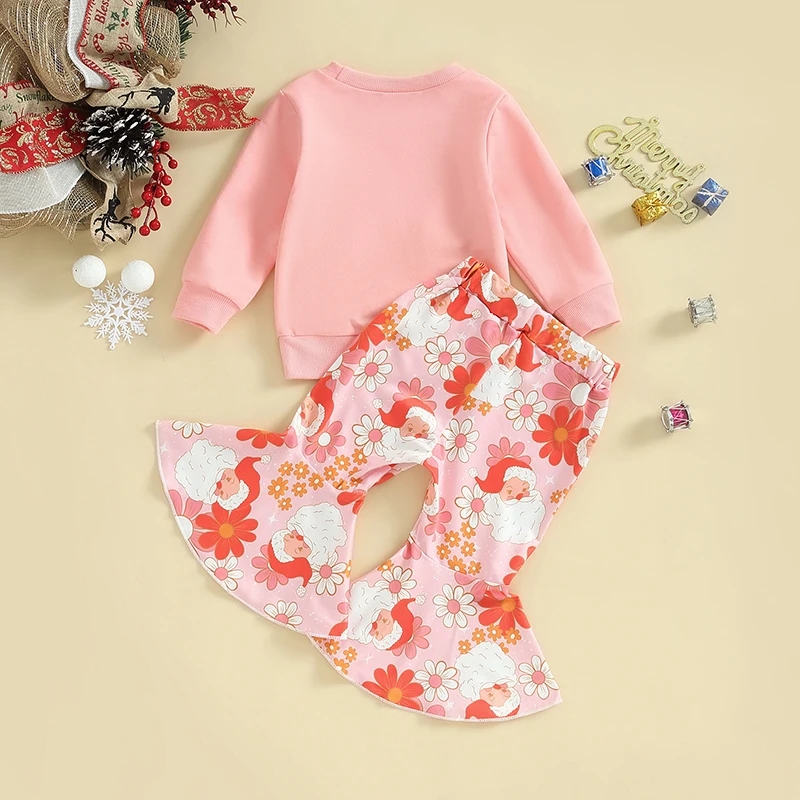

Рождественская Одежда для маленьких девочек 2-4 лет, осенне-зимняя одежда, свитшот с круглым вырезом и надписью, комплект в полоску с расклешенными брюками