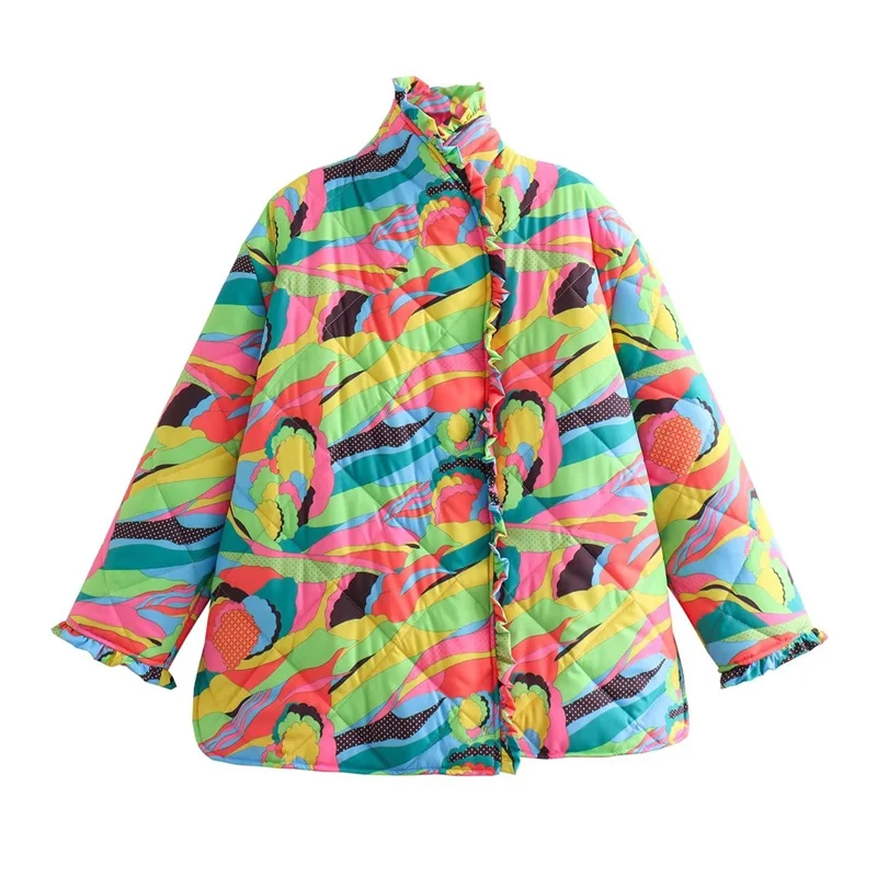 

2023 New Women Loose Fitting Warm Long Sleeved Cotton Coat With Floral Colors Autumn&Winter High Street Versatile Coat