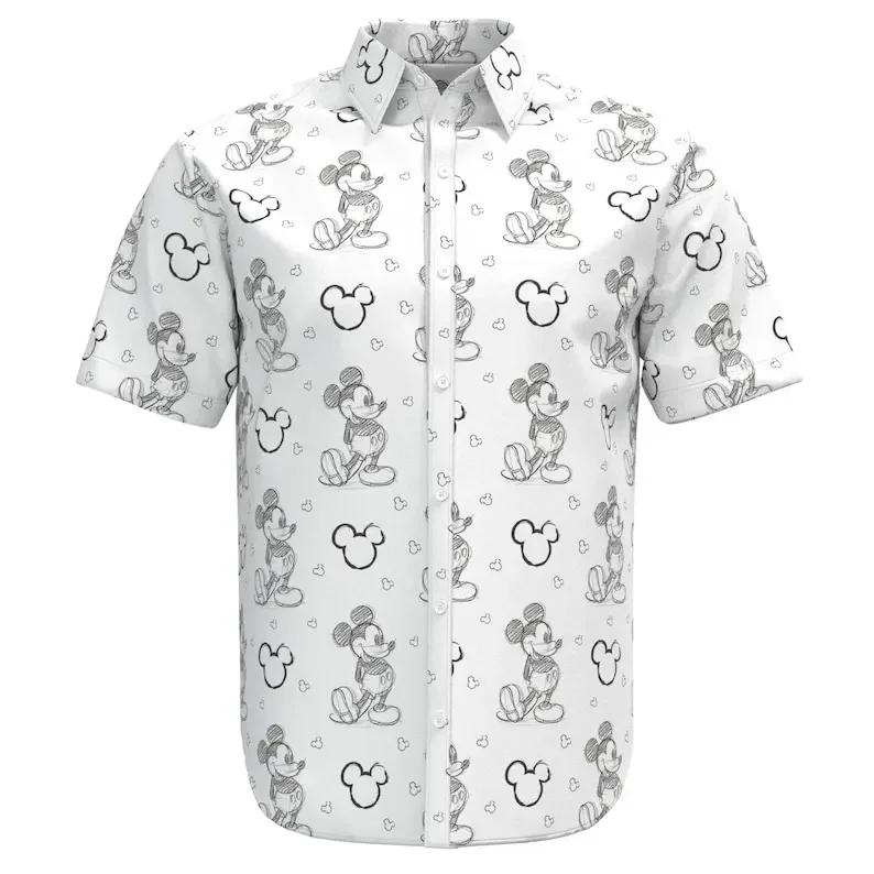 

2024 New Disney Hawaiian Shirt Fashion Mickey Mouse Sketch Doodle Shirt Disneyland Short Sleeve Button Shirt Casual