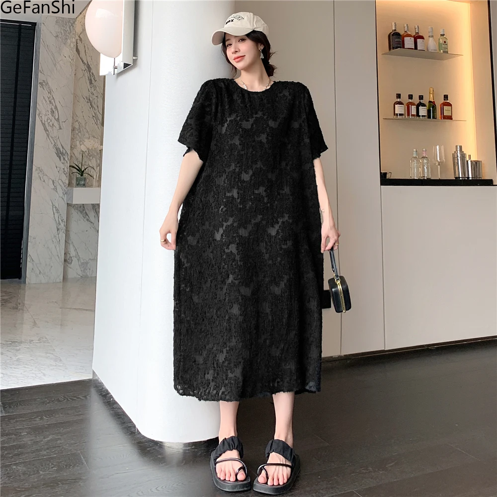

Summer Vintage O-Neck Lace Solid Short Sleeve Brief Dresses Women Fashion Loose Casual Dress Robe Ladies Elegant Clothing