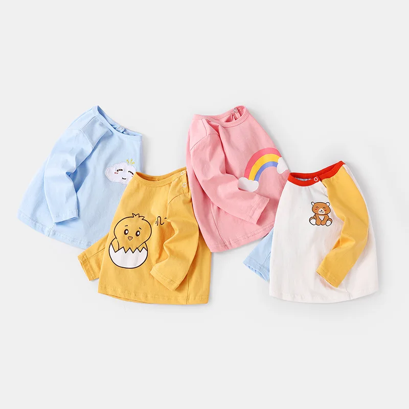Babys Boys Long Sleeve Tees Autumn Young Children Girls Solid Cotton Undershirt Bear Print Newborn Infant Girls Spliced T-shirts 2