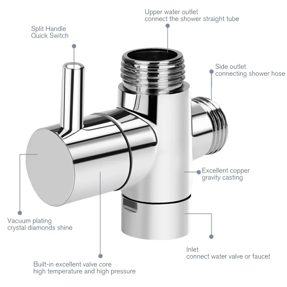 G1/2in 3 Way ABS Diverter Valve T Adapter Converter Chrome for Shower Head Diverter Valve Three-way Water Distribution
