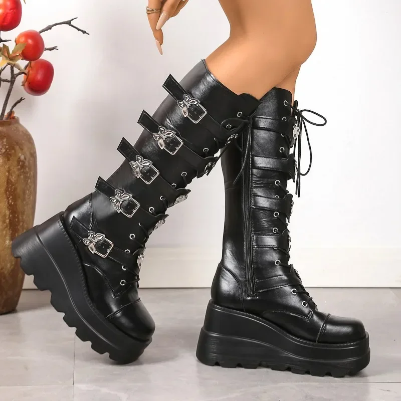 Plus Size Studed Metal Buckle Tall Shoes Fall Winter Round Toe Platform Side Zip Womens Platform Platform Wedge Boots