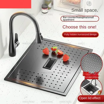 นาโนเมตรสีดําฝาครอบคู่ซ่อนอ่างล้างจาน 304 อ่างล้างจานสแตนเลสอ่างล้างจานเดี่ยว 1