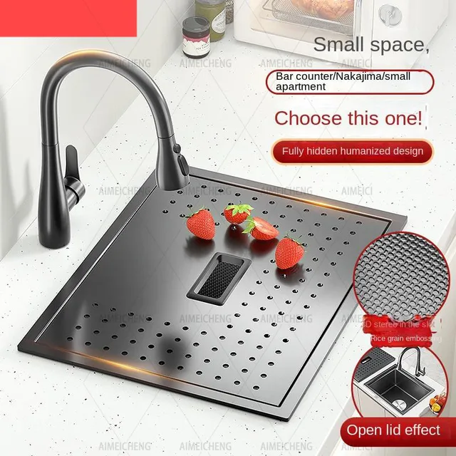 นาโนเมตรสีดําฝาครอบคู่ซ่อนอ่างล้างจาน 304 อ่างล้างจานสแตนเลสอ่างล้างจานเดี่ยว 1