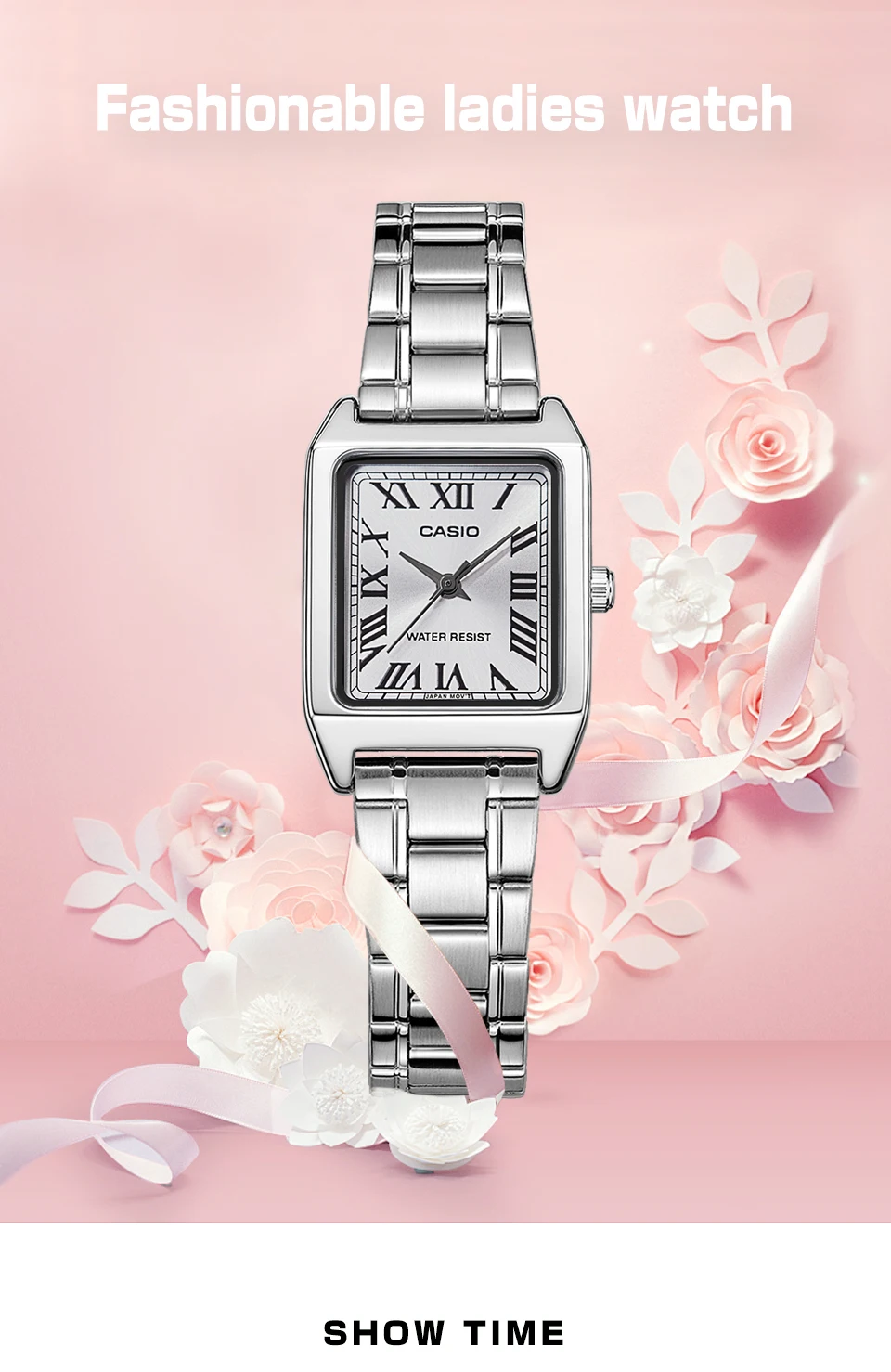 Casio women’s stainless steel quartz watch with Roman numeral dial and 30M water resistance – includes free shipping to Singapore