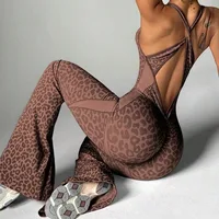 New Leopard Print Bodysuit Women Seamless Flared Pants Jumpsuits Sexy One-piece Fitness Suit Cross Back Stretchy Yoga Jumpsuits - Image 4