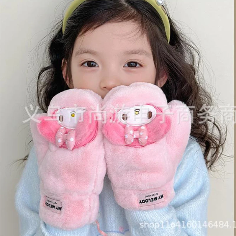 

Kawaii Sanrioed Kawaii Pochacco My Melody Child Autumn Winter Plush Warm Mittens Velvet Thickening Cartoon Full Finger Gloves