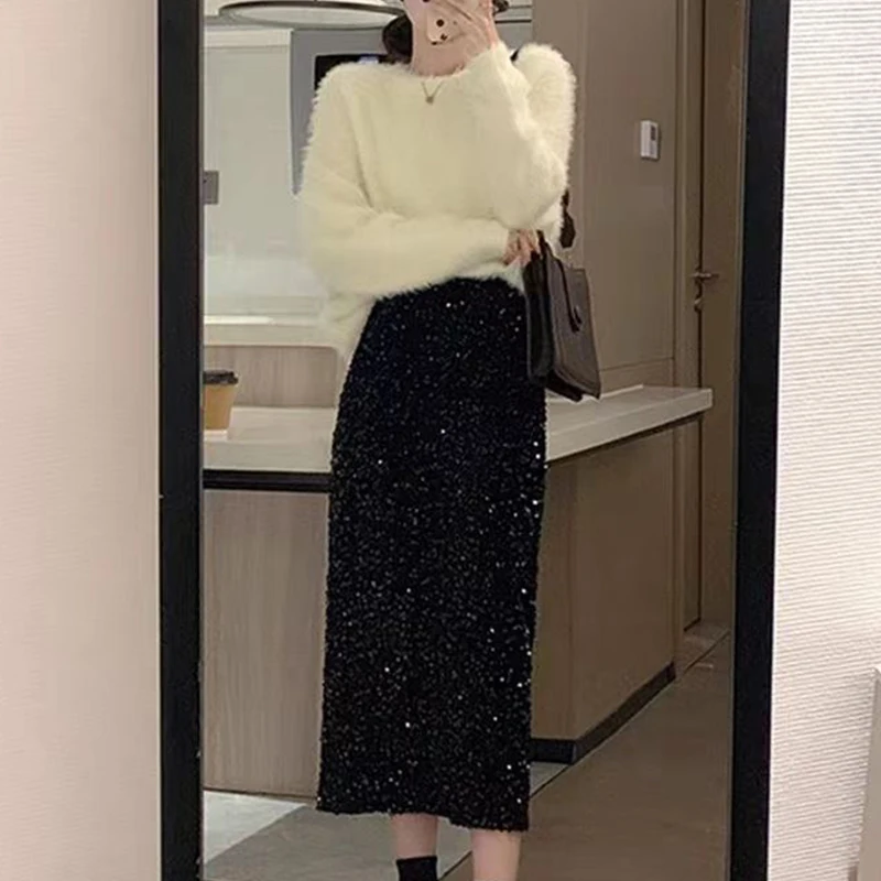 Autumn Winter High Waist Sequins Elegant Fashion Pencil Skirt Ladies Black Temperament Slim All-match Skirts Women's Clothing