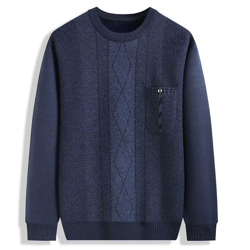 Men Winter New Crew Neck Pullovers Knitted Fashion Casual Sweater Fleece Warm Versatile Solid Argyle Long Sleeve Tops