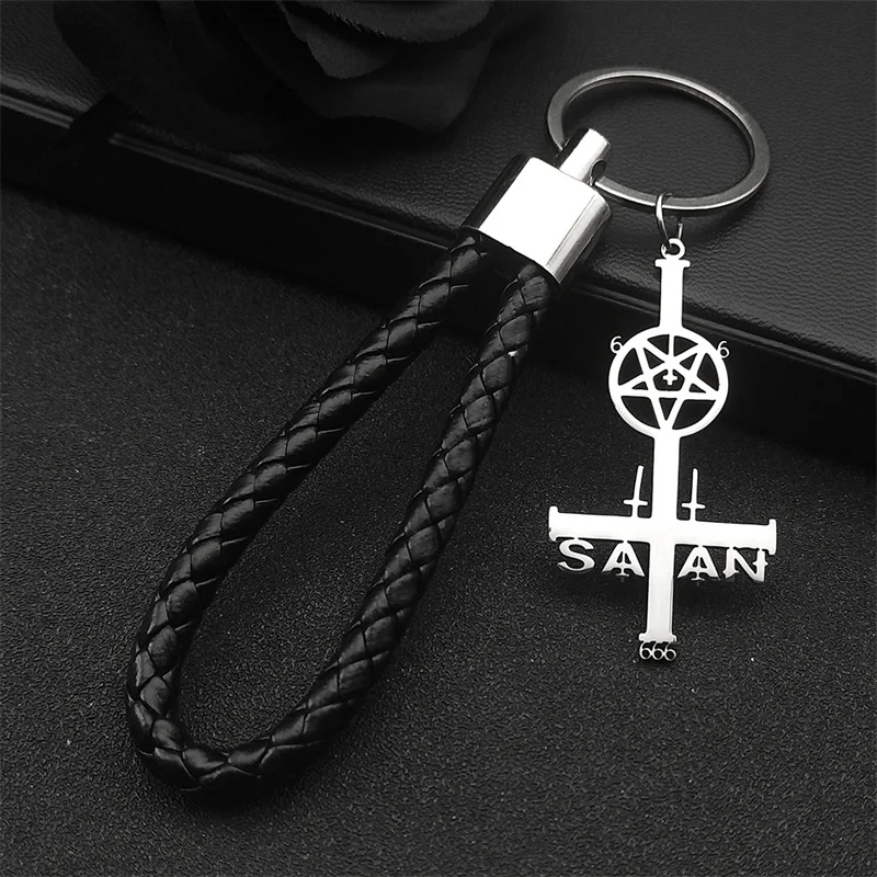 Edelstahl Satan invertiert Pentagramm Kreuz Schlüssel bund für Frauen Männer Penta cle Silber Farbe Pu Leder Seil Schmuck k3821 – Detail 3