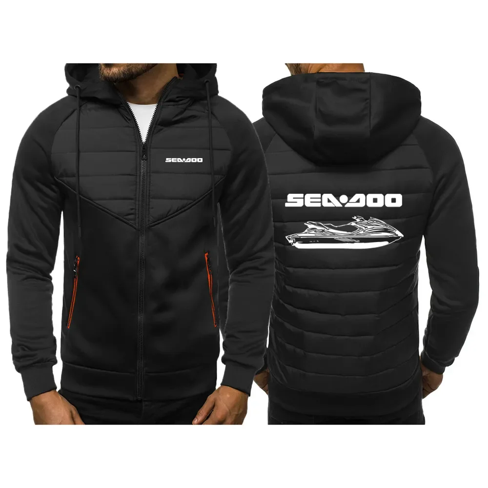 

Sea Doo Seadoo Moto Men's New Winter Zipper Hooded Cotton Jacket Sweatshirts Casual Slim Fit Warm Patchwork Long Sleeve Coat Top