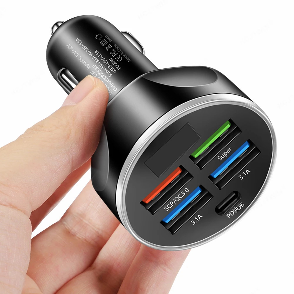 Car Charger PD QC3.0 Super Charger 5V Fast Charging Adapter 20W 5 Ports Car Phone Charger for iPhone Samsung for Huawei Xiaomi