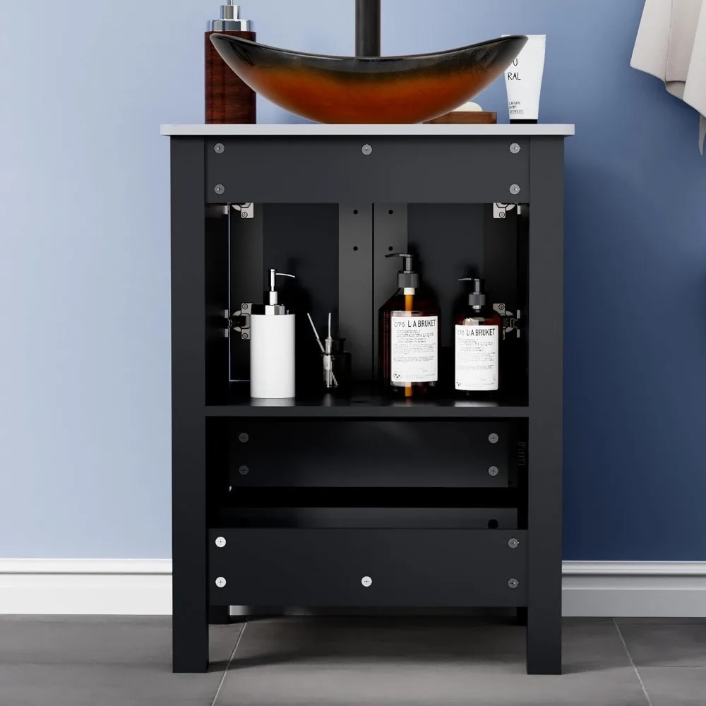 24" Black Bathroom Vanity with Tempered Glass Sink,Modern Bathroom Vanity Cabinet, Pop Up Drain Included,Mirror Not Included 5