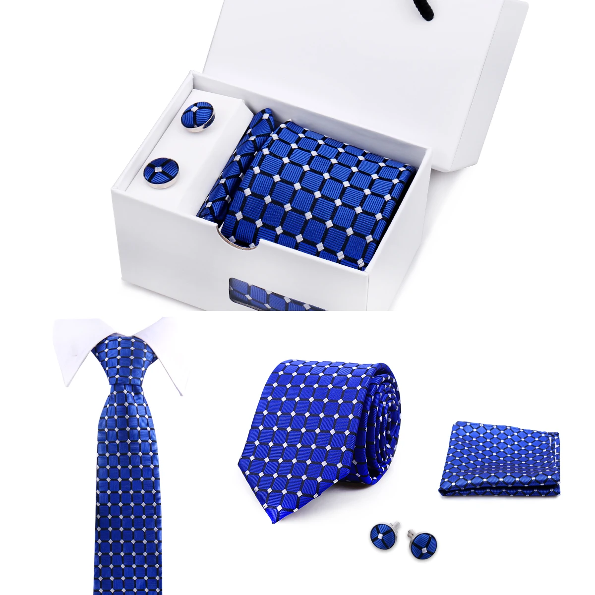 Neck Tie Men Business 3pcs Necktie Set Cufflink Handkerchief Plaid Dotted For Wedding Formal Stripe Classic