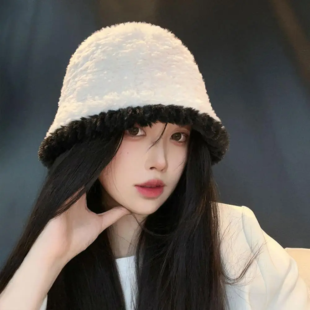

Plush Bucket Hat Cozy Stylish Women's Plush Fisherman Hat Autumn-winter Round Dome Patchwork Color Small Knitted For Windproof