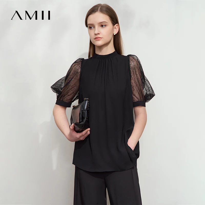 Amii 미니멀리스트 루즈 프리미엄 쉬폰 셔츠 여성 2025 여름 뉴 타이 v 넥 얇은 버블 슬리브 솔리드 컬러 블라우스 12542134