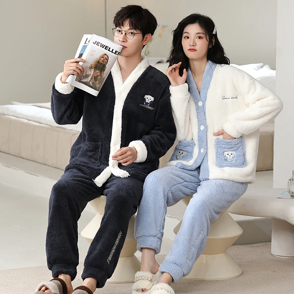 Antistatic Ultrafine Plush Thicken Island Velvet Couple Sleepwear Men's Winter Pajamas Set Warm Windproof Sweet Style Pajama
