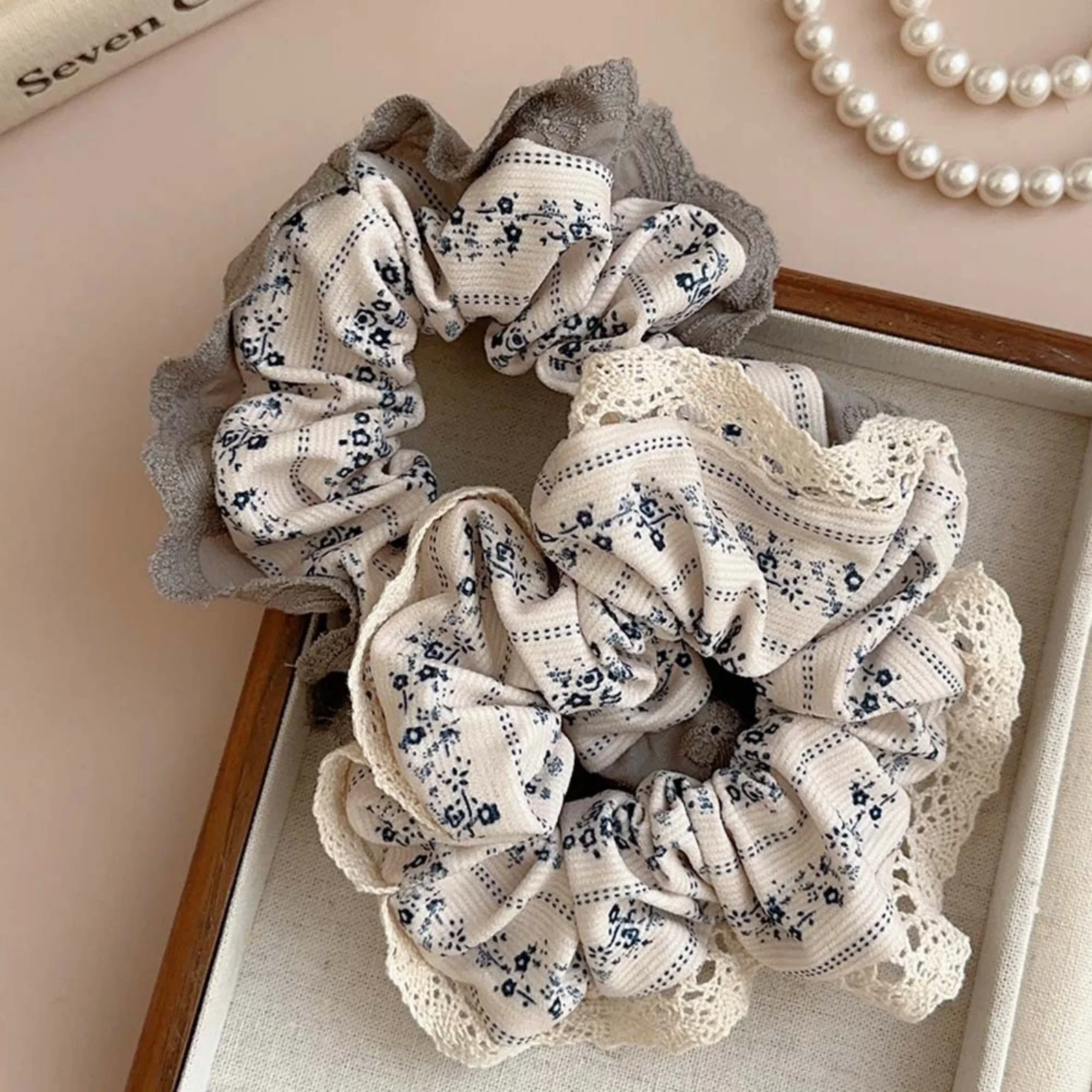 1PC Sweet & Cute Floral Scrunchies with Lace Trim, Vintage - Style Hair Ties, Adorable Hair Accessories for Women