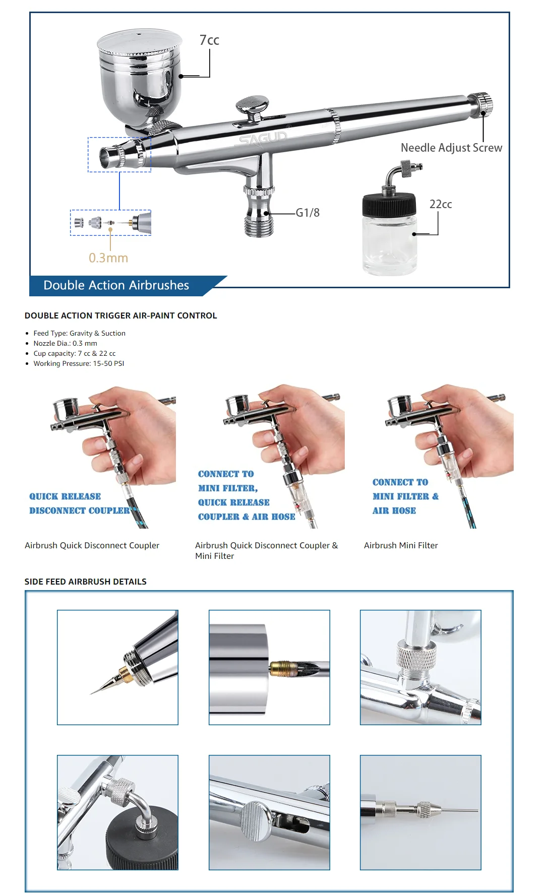 SAGUD Side Feed Airbrush Kit 0.3mm Double Action Air Brush Gun Set with  0.2mm 0.5mm Nozzles Needles Air Caps, Hose, Adapter, Mini Airbrush Filter  for