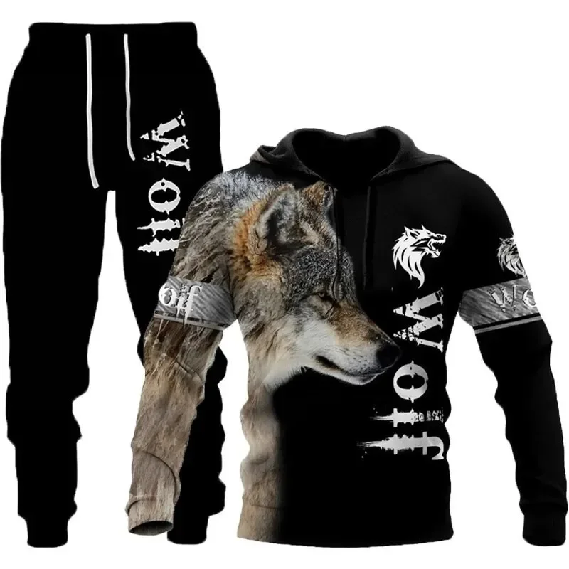 2023 New Wolf Hoodie 3D Printed Pants Suit Male Autumn Casual Sweatshirt Pullover Men Tracksuit Set Fashion Men's Clothing Suit 3 14y autumn basketball team street clothing set kids hoodies pants 2pcs boys tracksuit fashion infant girls sport suit outfits