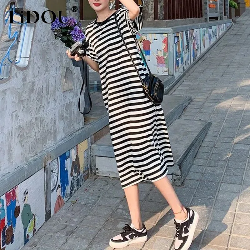 

2023 Summer New Round Neck Short Sleeve Hollow Out Backless Tshirt Dress Women Fashion Contrast Color Striped All-match Vestidos