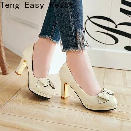 

2023 Spring Bowtie Cute Pumps Mary Jane Round Toe PU Buckle Strap Sweet 8cm Block Heels Big Size 43