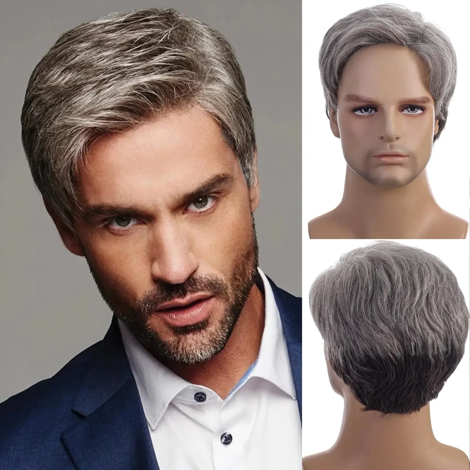 

Short Hair Wig for Handsome Men Light Grey Ombre Hair Heat Resistant Short Synthetic Wig with Side Bangs Father Wigs Daily Wear
