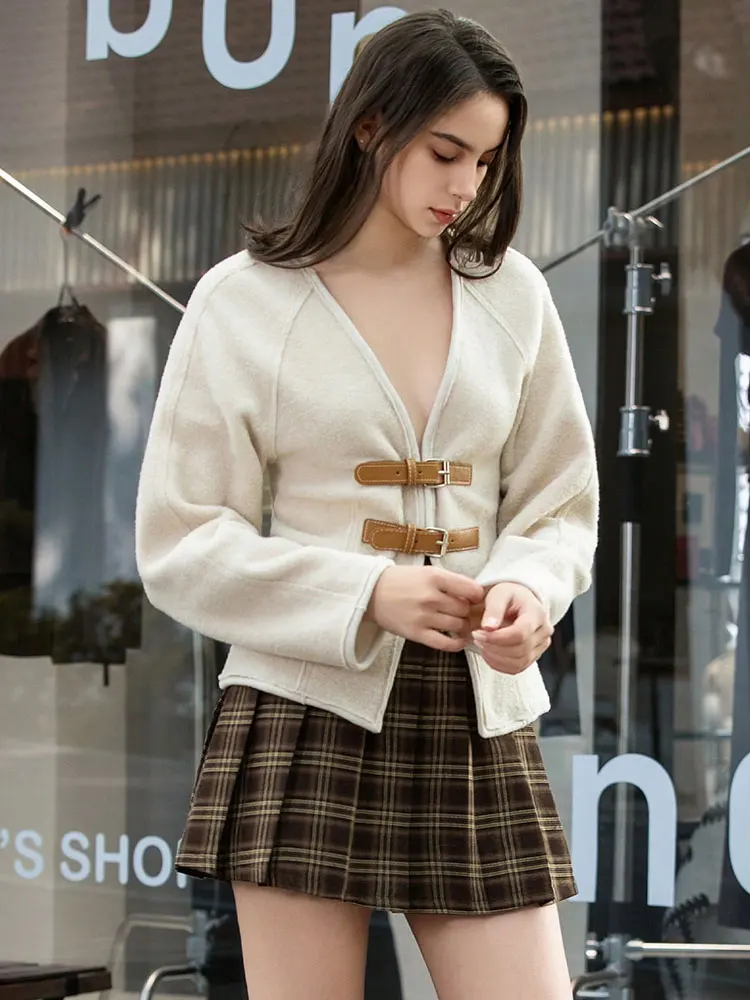 HH Autumn Women Double Leather Button Jacket Long Sleeve V-neck Slim Coat Top Fashion 2025 Woman Elegant Office Lady Outwear