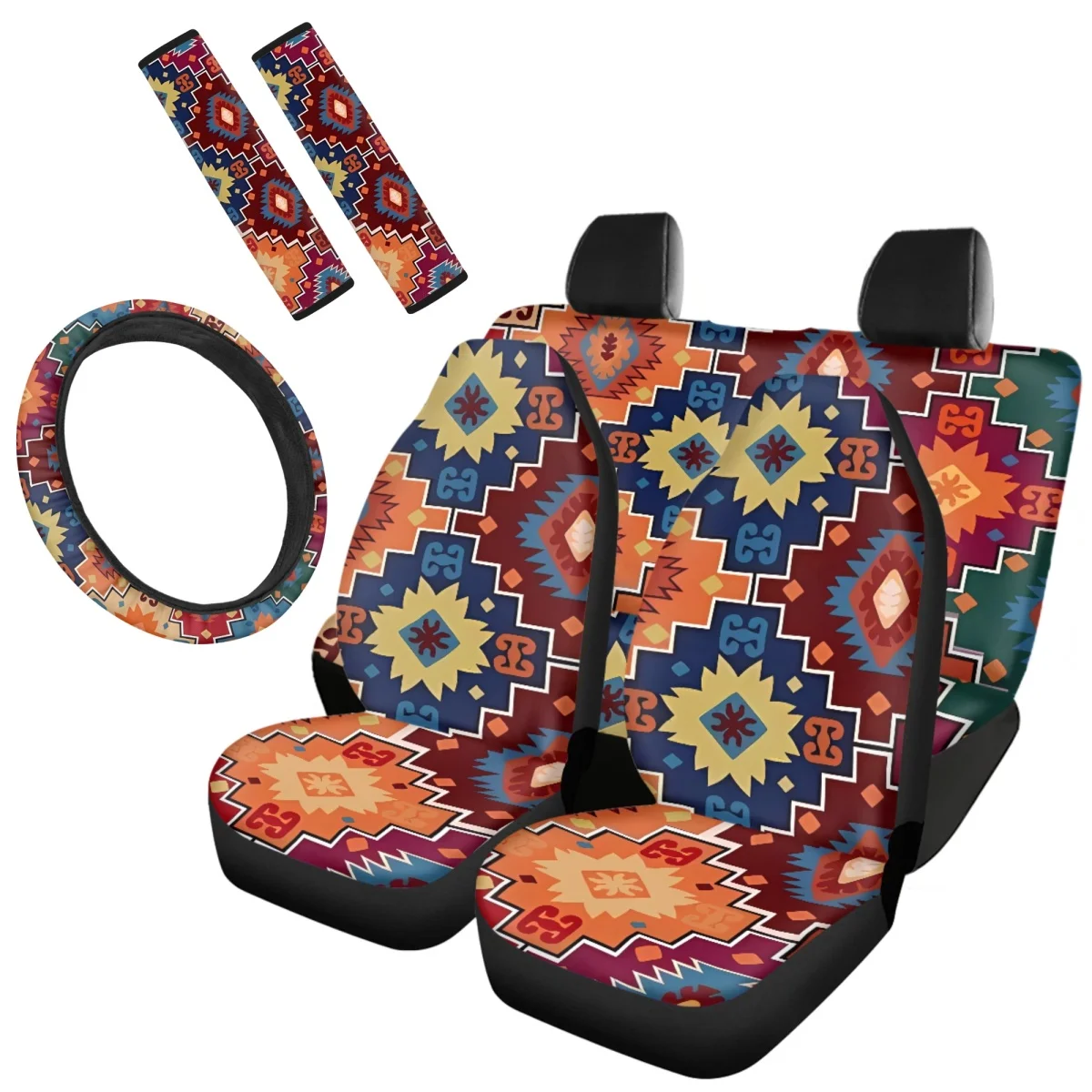 

Car Front Rear Seat Covers Seatbelt Steering Wheel Covers Easy to Clean Install Tribal Style Geometric Print Fit for Truck Van