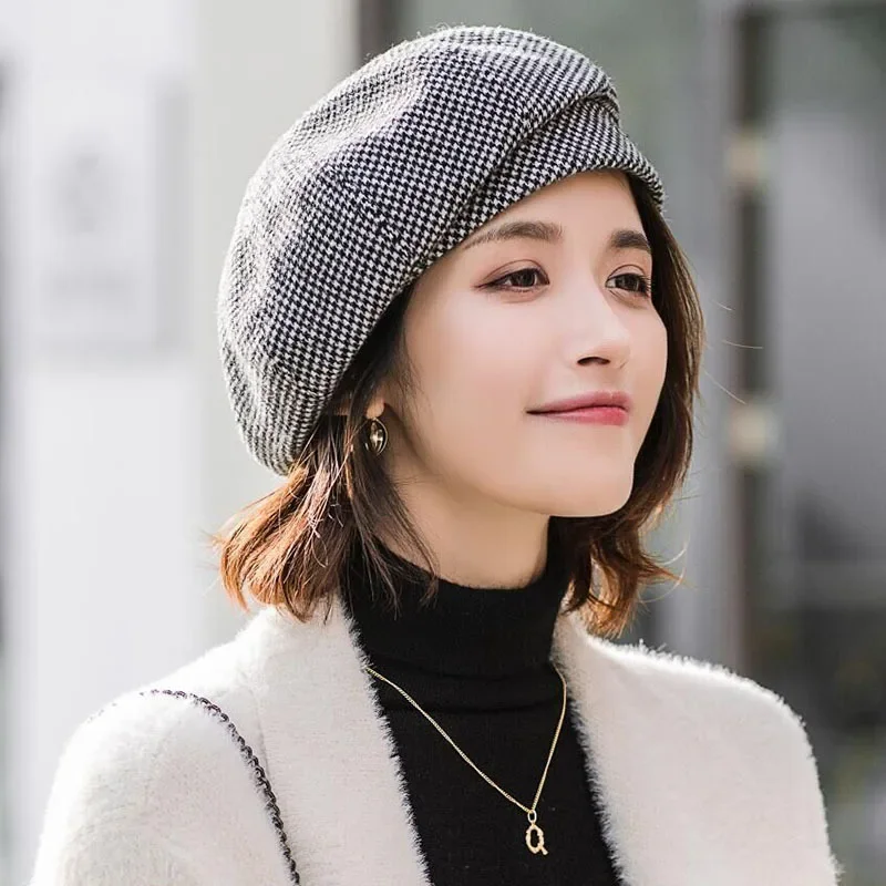 Women Wool Beret Foldable Japanese Caps Casual Female Cotton Hats Plaid Vintage Cap Warm Fashion Shade Tie-Dye Newsboy Caps