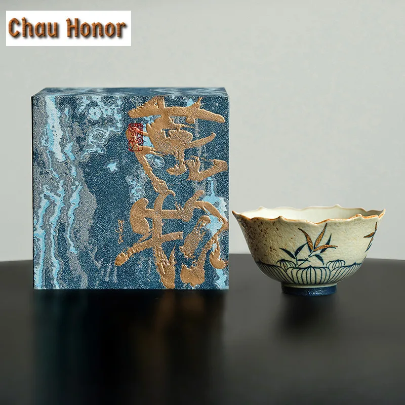 45ml Blue And White Flint Red Teacup Handmade Gold Drawing Bamboo Puer Tea Bowl Personal Sample Tea Cup Chazhan Teaset Drinkware