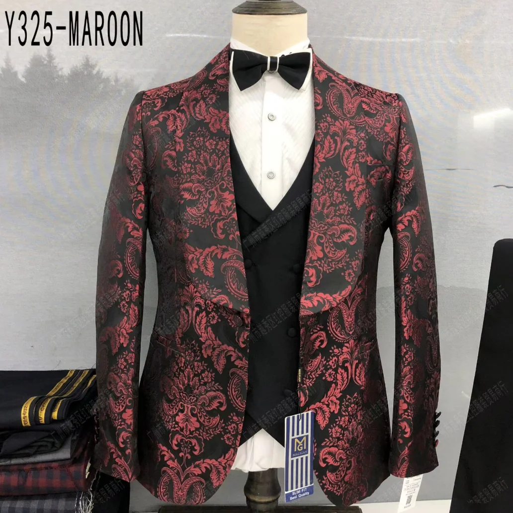 Men's Slim Fit Printed Tuxedo Blazer & Pants Set - Shawl Lapel Prom Suit For Banquet, Party, Performance